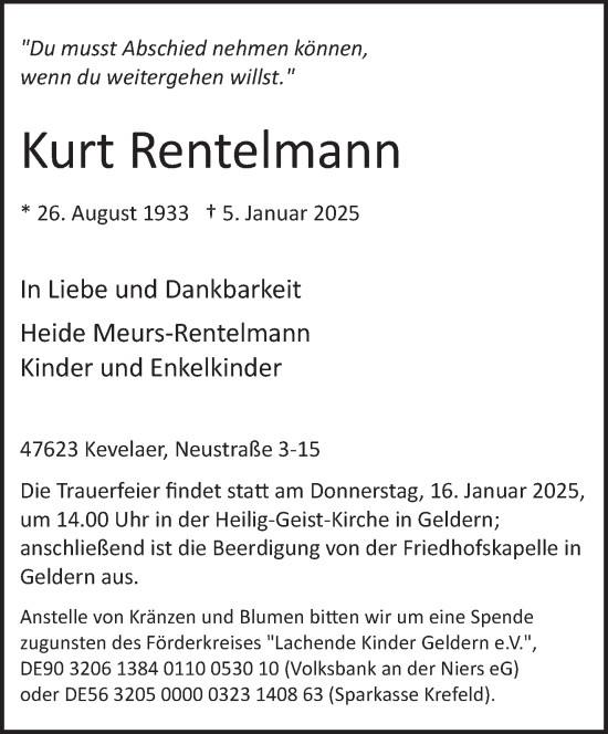 Traueranzeige von Kurt Rentelmann von NNA