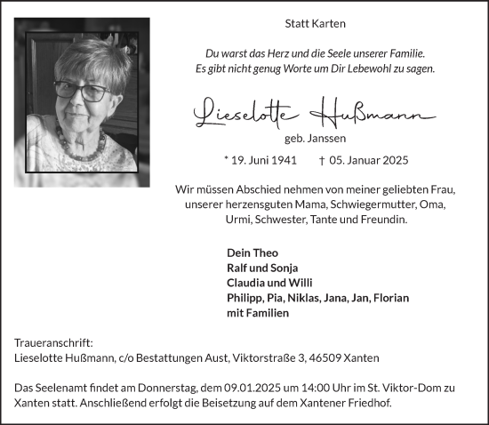 Traueranzeige von Lieselotte Hußmann von NNA