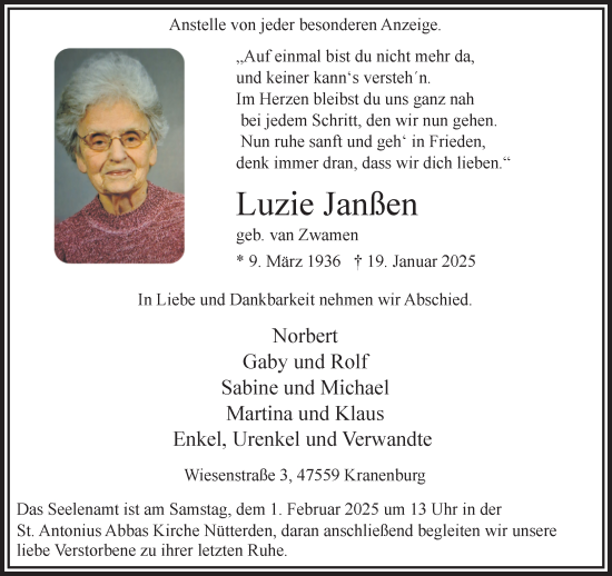 Traueranzeige von Luzie Janßen von NNA