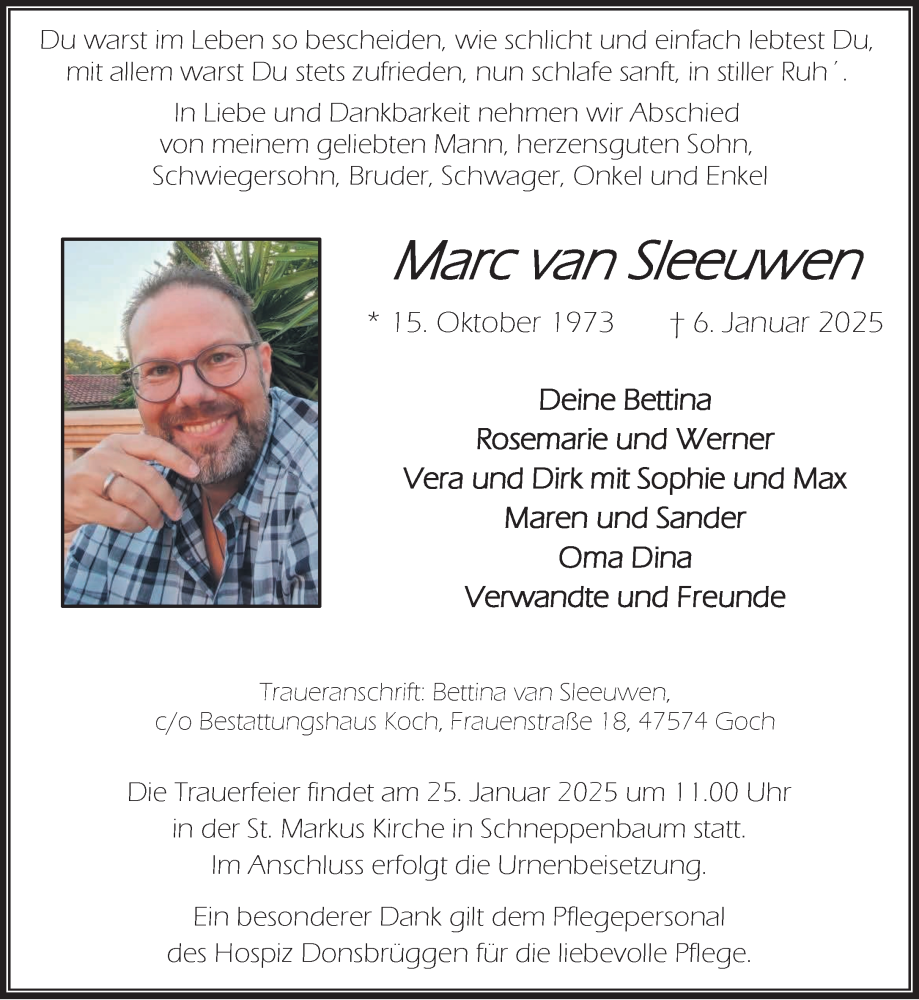  Traueranzeige für Marc van Sleeuwen vom 18.01.2025 aus NNA