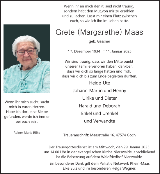 Traueranzeige von Margarethe Maas von NNA