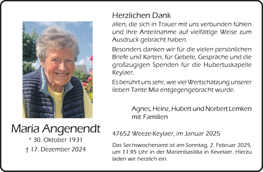  Traueranzeige für Maria Angenendt vom 25.01.2025 aus NNA