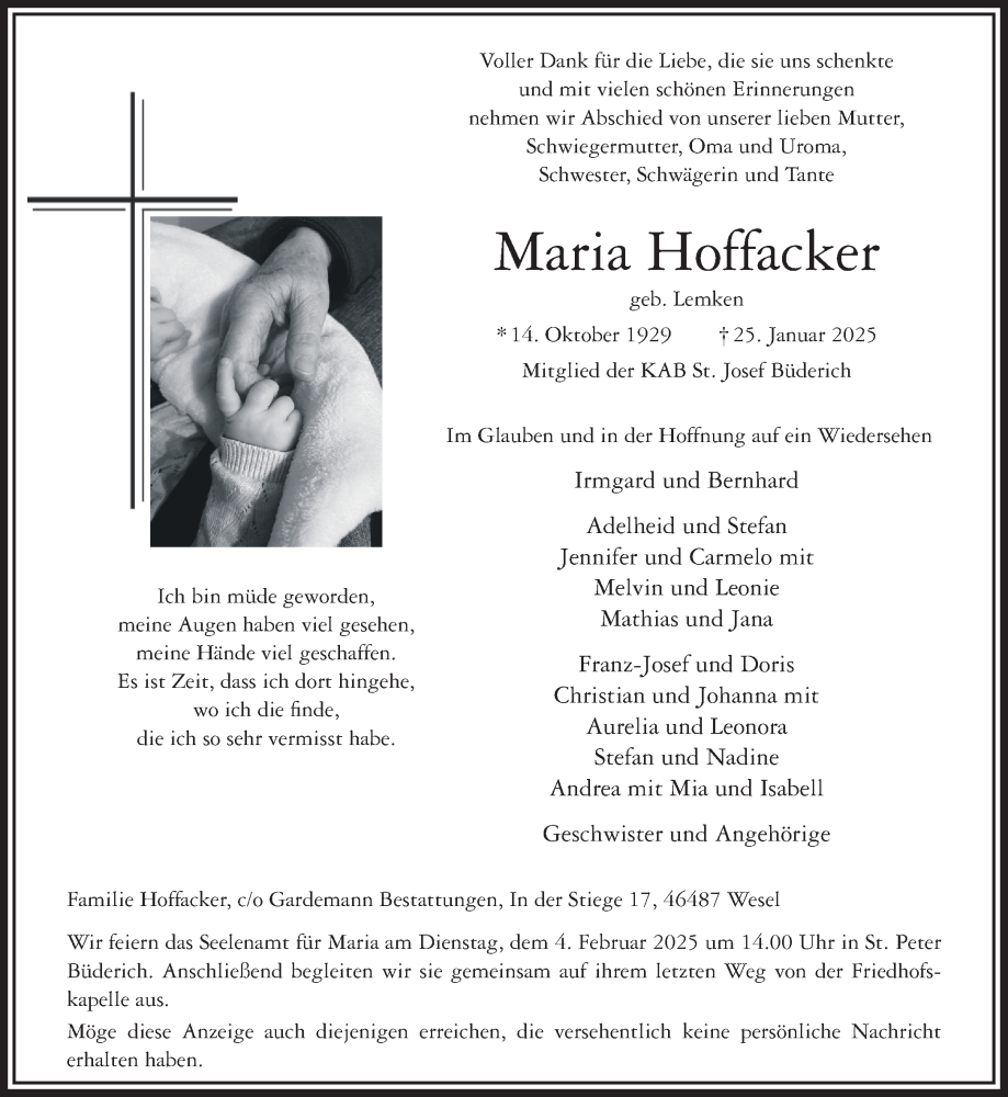  Traueranzeige für Maria Hoffacker vom 29.01.2025 aus NNA