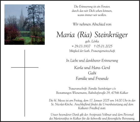 Traueranzeige von Maria  Steinkrüger von NNA