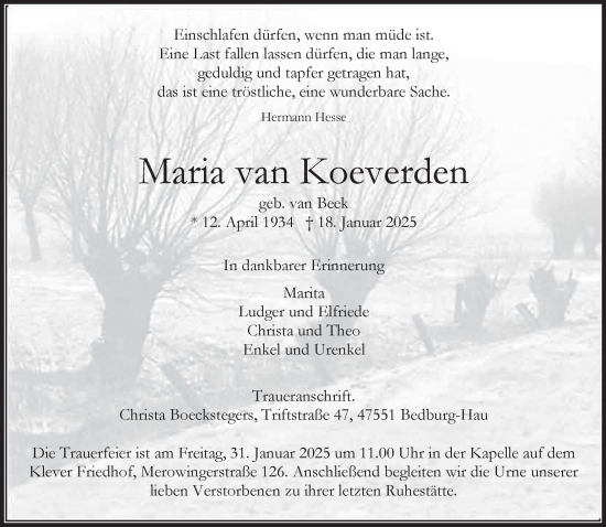 Traueranzeige von Maria van Koeverden von NNA