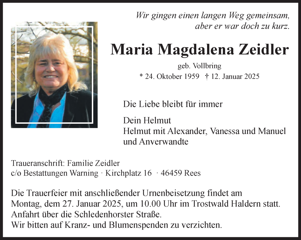  Traueranzeige für Maria Magdalena Zeidler vom 18.01.2025 aus NNA