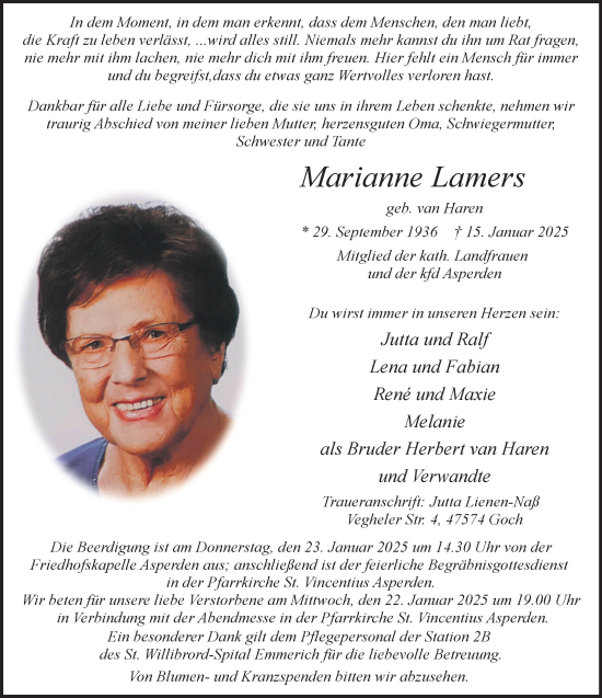 Traueranzeige von Marianne Lamers von NNA