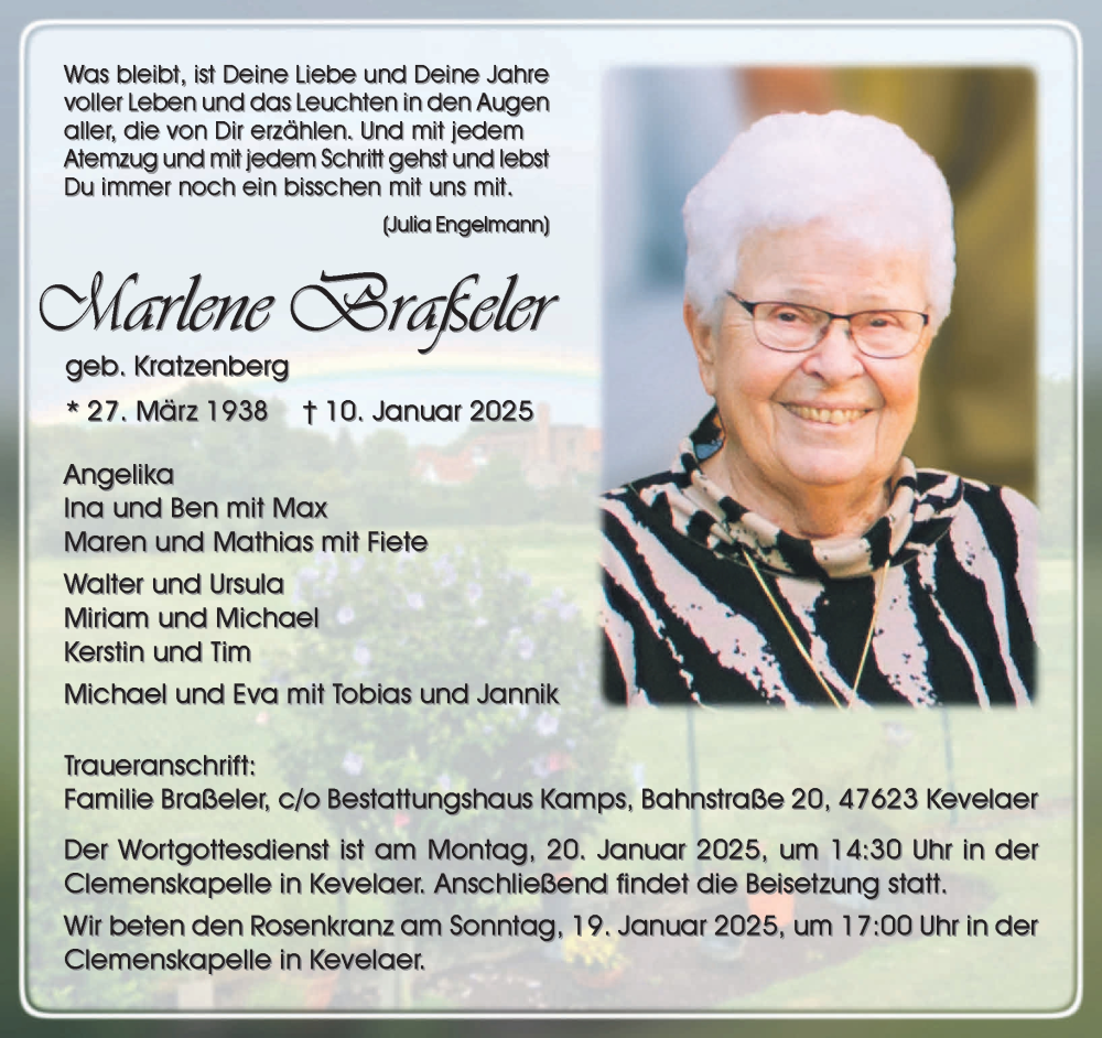  Traueranzeige für Marlene Braßeler vom 18.01.2025 aus NNA