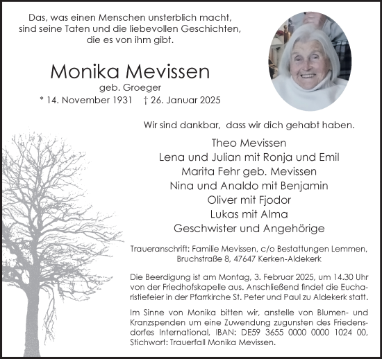 Traueranzeige von Monika Mevissen von NNA