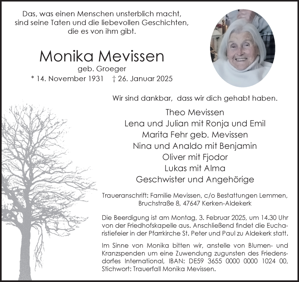 Traueranzeige für Monika Mevissen vom 29.01.2025 aus NNA