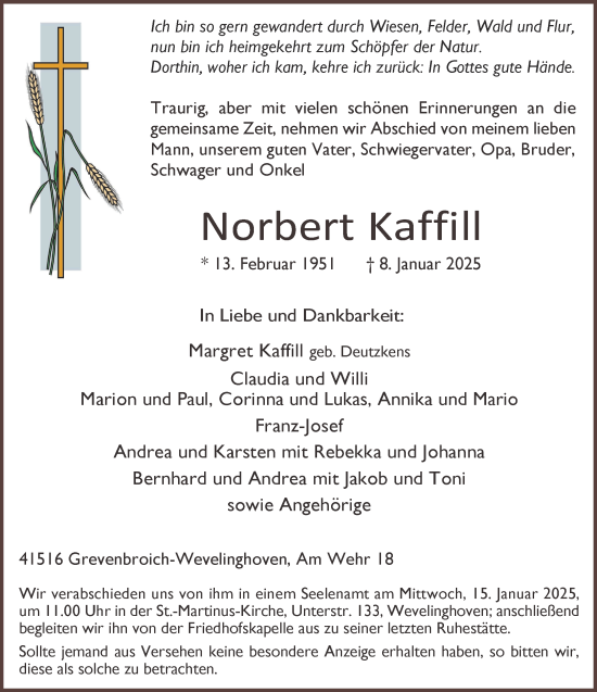 Traueranzeige von Norbert Kaffill von NNA