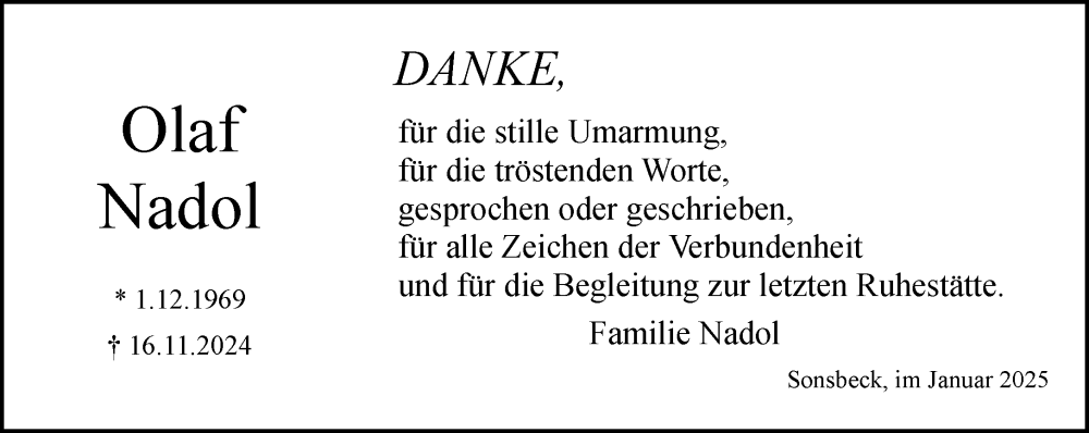  Traueranzeige für Olaf Nadol vom 11.01.2025 aus NNA
