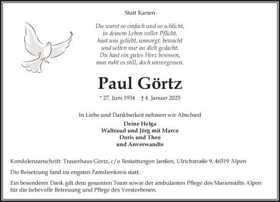 Traueranzeige von Paul Görtz von NNA