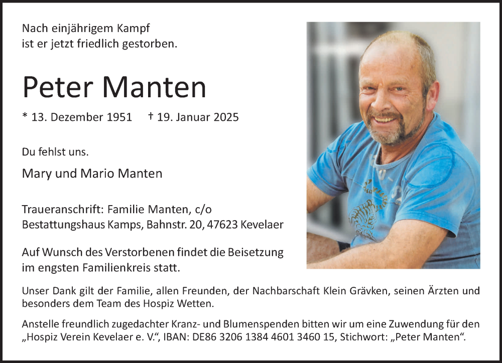  Traueranzeige für Peter Manten vom 25.01.2025 aus NNA