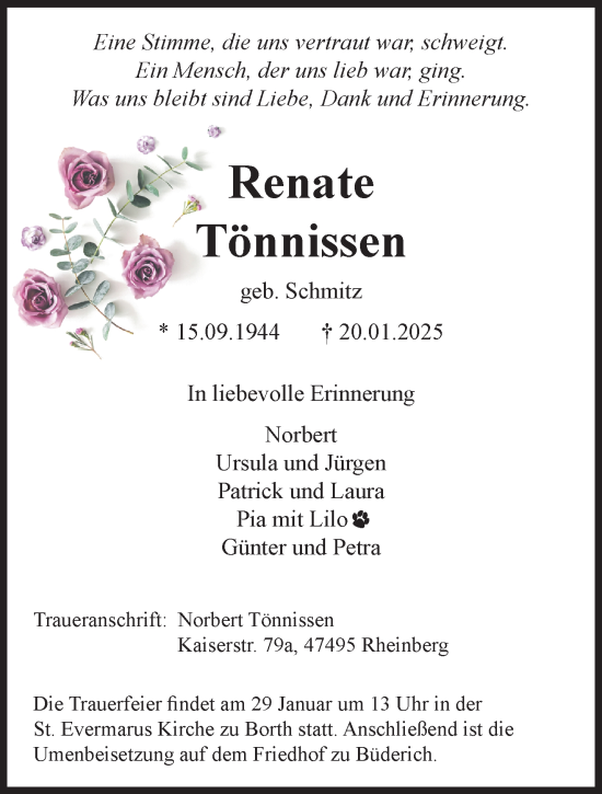 Traueranzeige von Renate Tönnissen von NNA