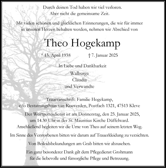 Traueranzeige von Theo Hogekamp von NNA