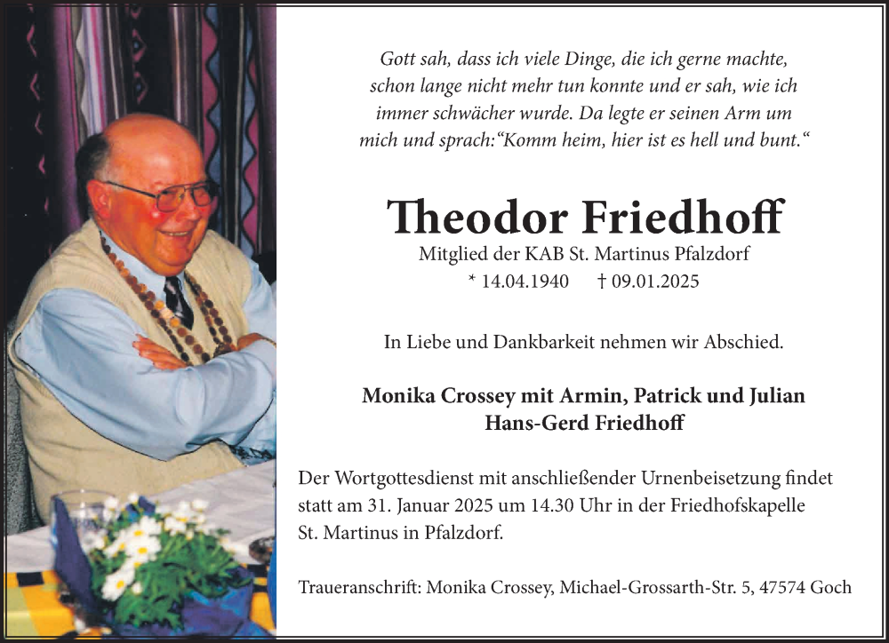  Traueranzeige für Theodor Friedhoff vom 18.01.2025 aus NNA