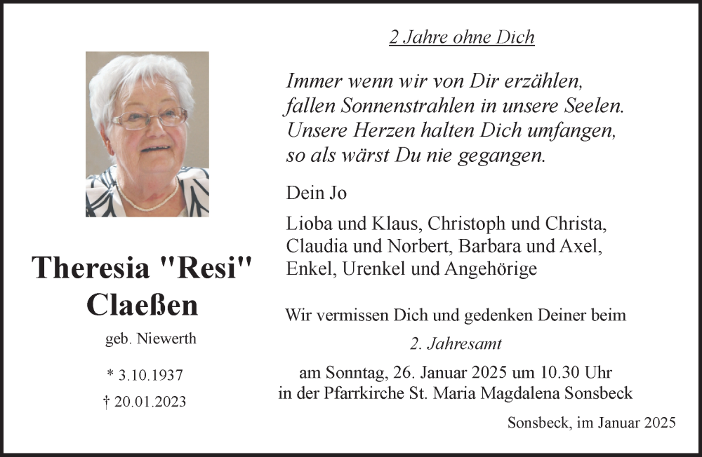 Traueranzeige für Theresia Claeßen vom 18.01.2025 aus NNA