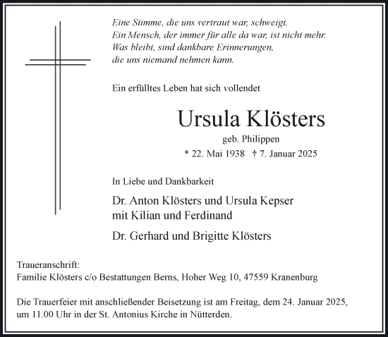 Traueranzeige von Ursula Klösters von NNA