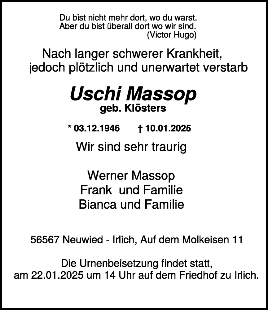  Traueranzeige für Uschi Massop vom 18.01.2025 aus NNA