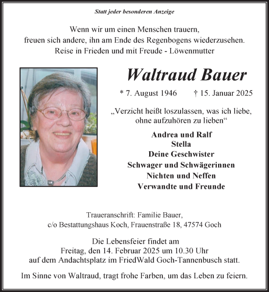 Traueranzeige von Waltraud Bauer von NNA