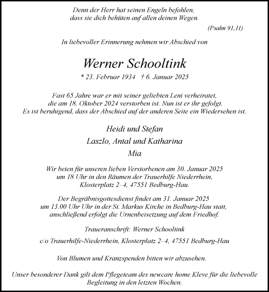 Traueranzeige von Werner Schooltink von NNA