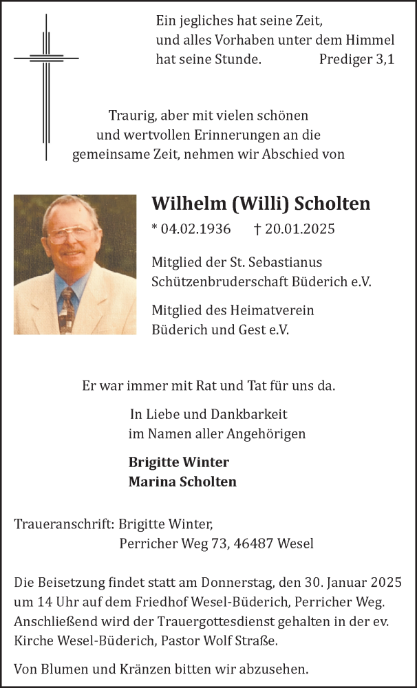  Traueranzeige für Wilhelm Scholten vom 29.01.2025 aus NNA