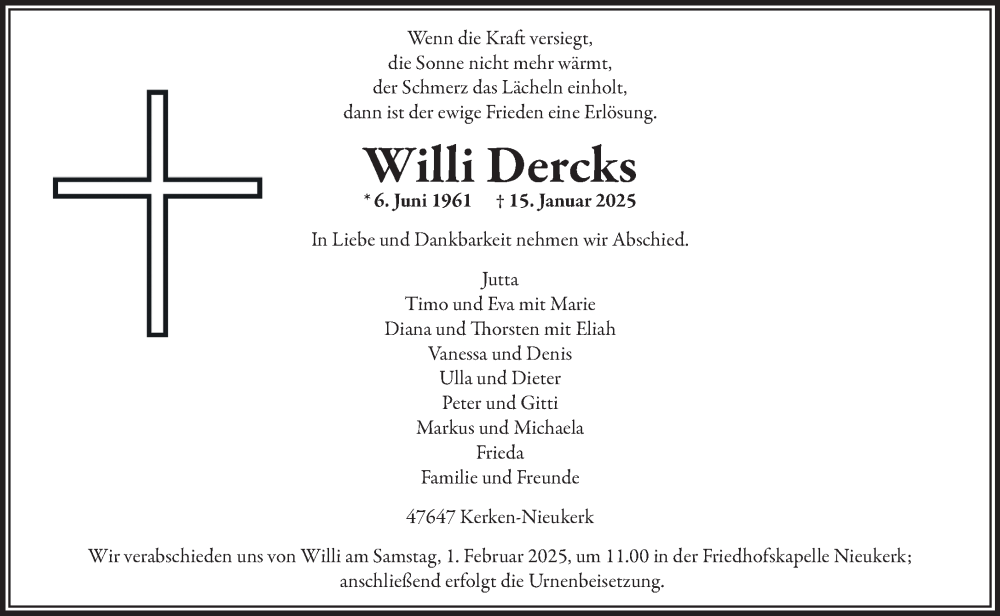  Traueranzeige für Willi Dercks vom 25.01.2025 aus NNA