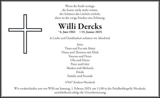 Traueranzeige von Willi Dercks von NNA