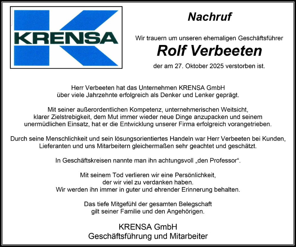  Traueranzeige für Rolf Verbeeten vom 30.10.2025 aus 