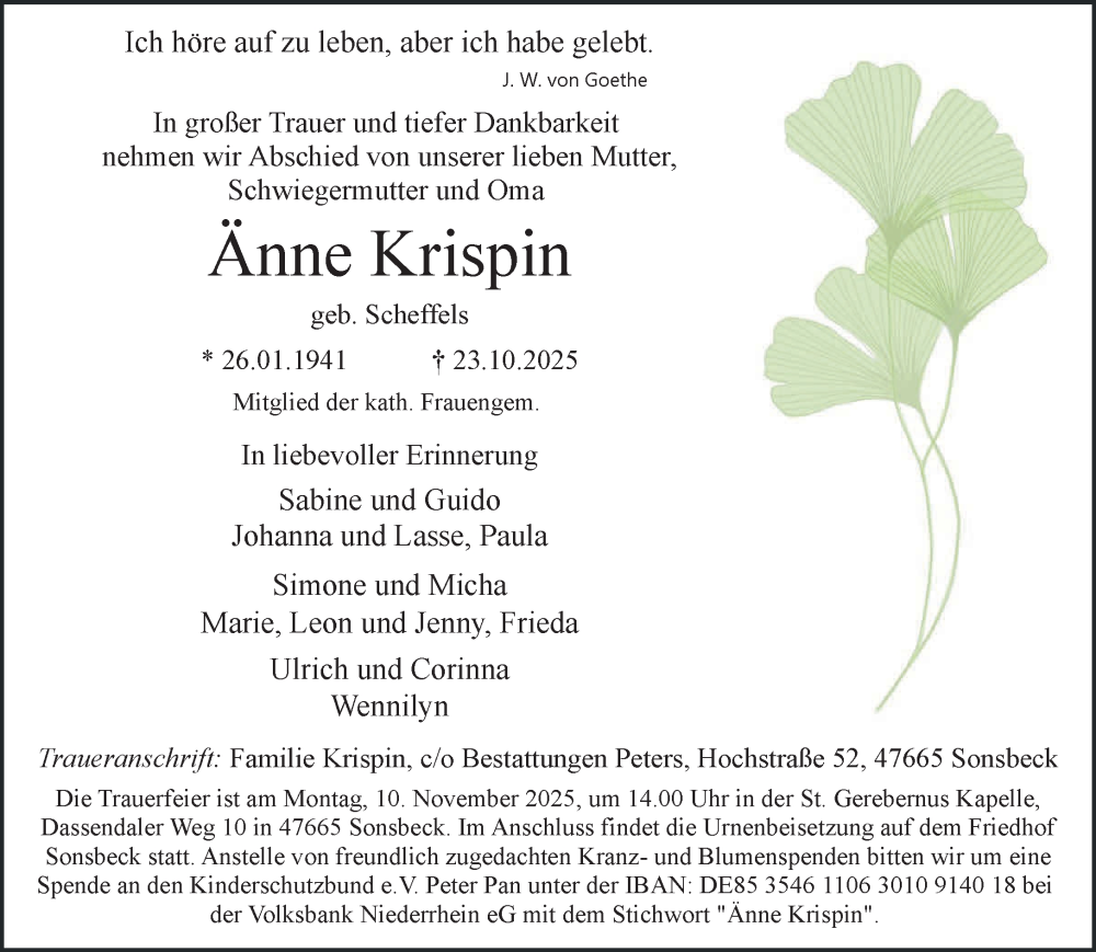  Traueranzeige für Änne Krispin vom 31.10.2025 aus NNA