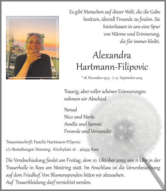 Traueranzeige von Alexandra Hartmann-Filipovic von NNA