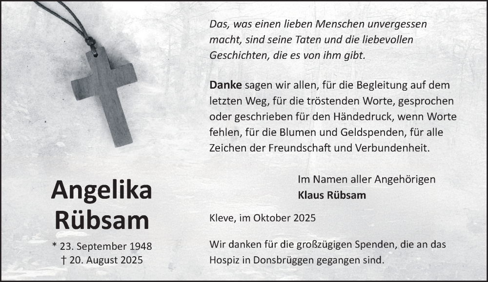  Traueranzeige für Angelika Rübsam vom 11.10.2025 aus NNA