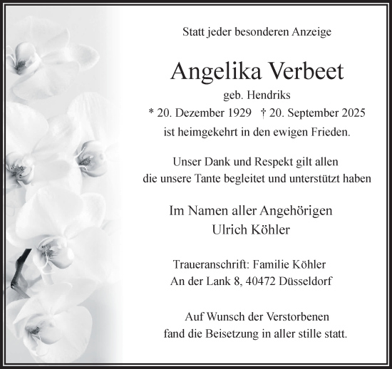 Traueranzeige von Angelika Verbeet von NNA