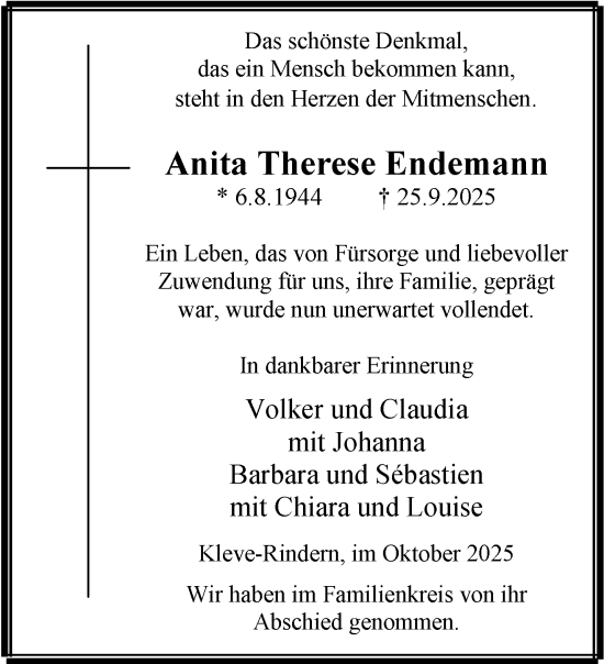 Traueranzeige von Anita Therese Endemann von NNA