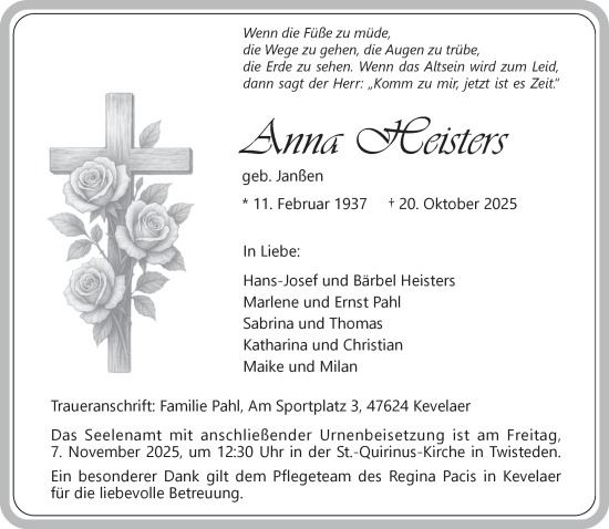 Traueranzeige von Anna Heisters von NNA