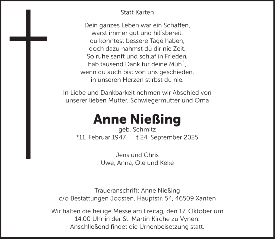 Traueranzeige von Anne Nießing von NNA