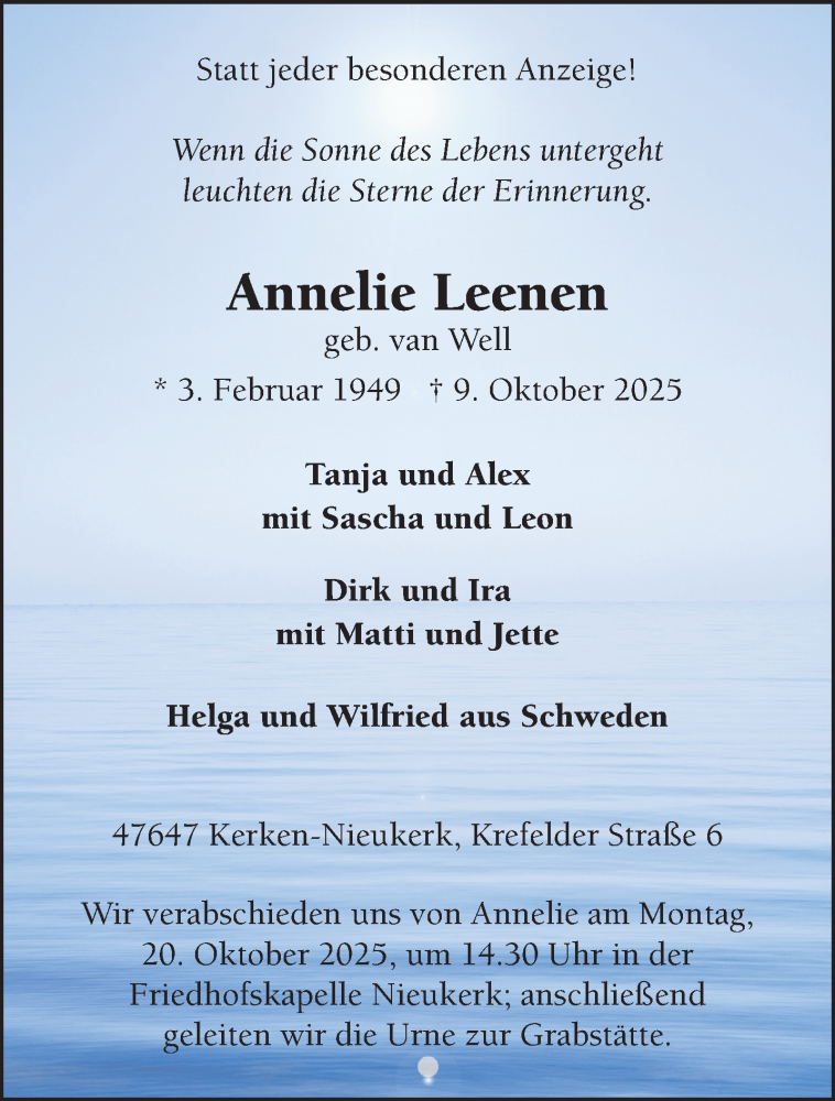  Traueranzeige für Annelie Leenen vom 18.10.2025 aus NNA