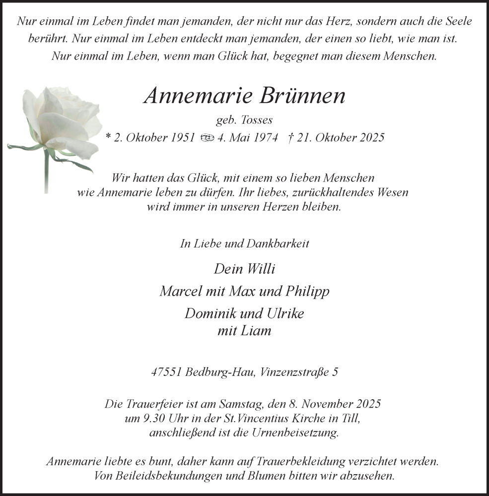  Traueranzeige für Annemarie Brünnen vom 31.10.2025 aus NNA