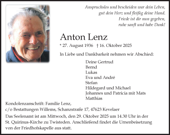 Traueranzeige von Anton Lenz von NNA