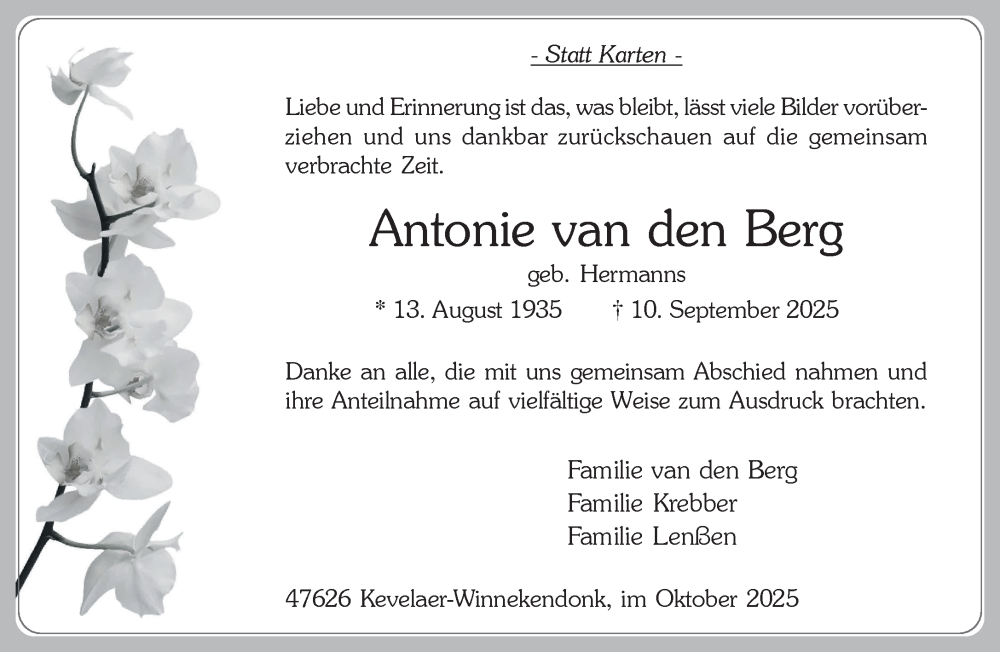  Traueranzeige für Antonie van den Berg vom 25.10.2025 aus NNA