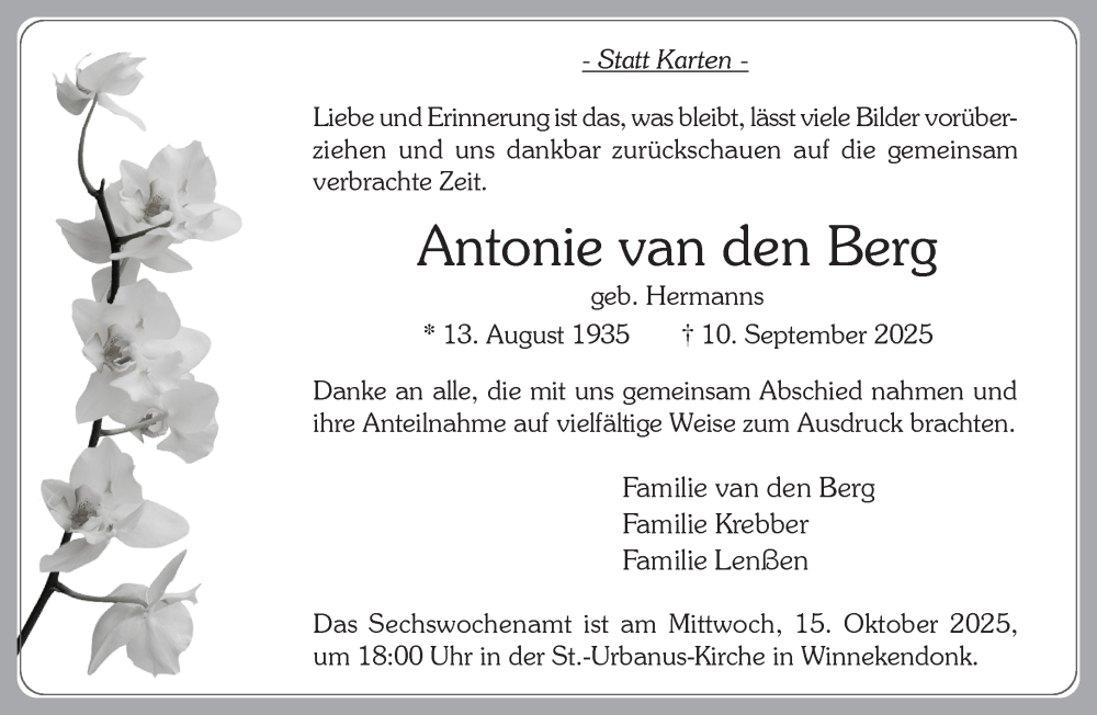  Traueranzeige für Antonie van den Berg vom 11.10.2025 aus NNA