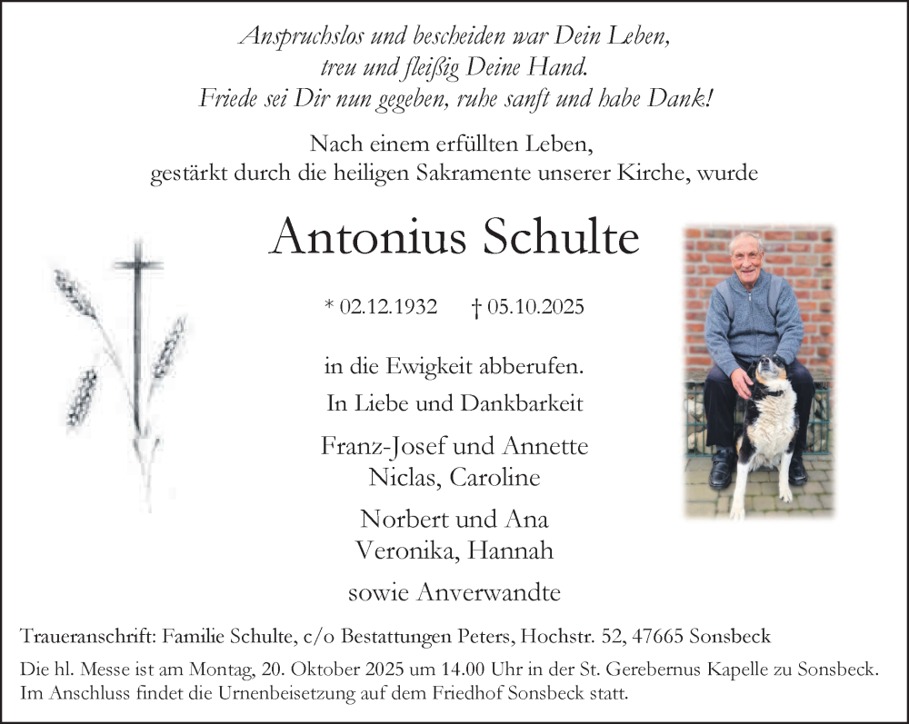  Traueranzeige für Antonius Schulte vom 18.10.2025 aus NNA