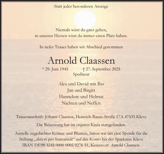 Traueranzeige von Arnold Claassen von NNA