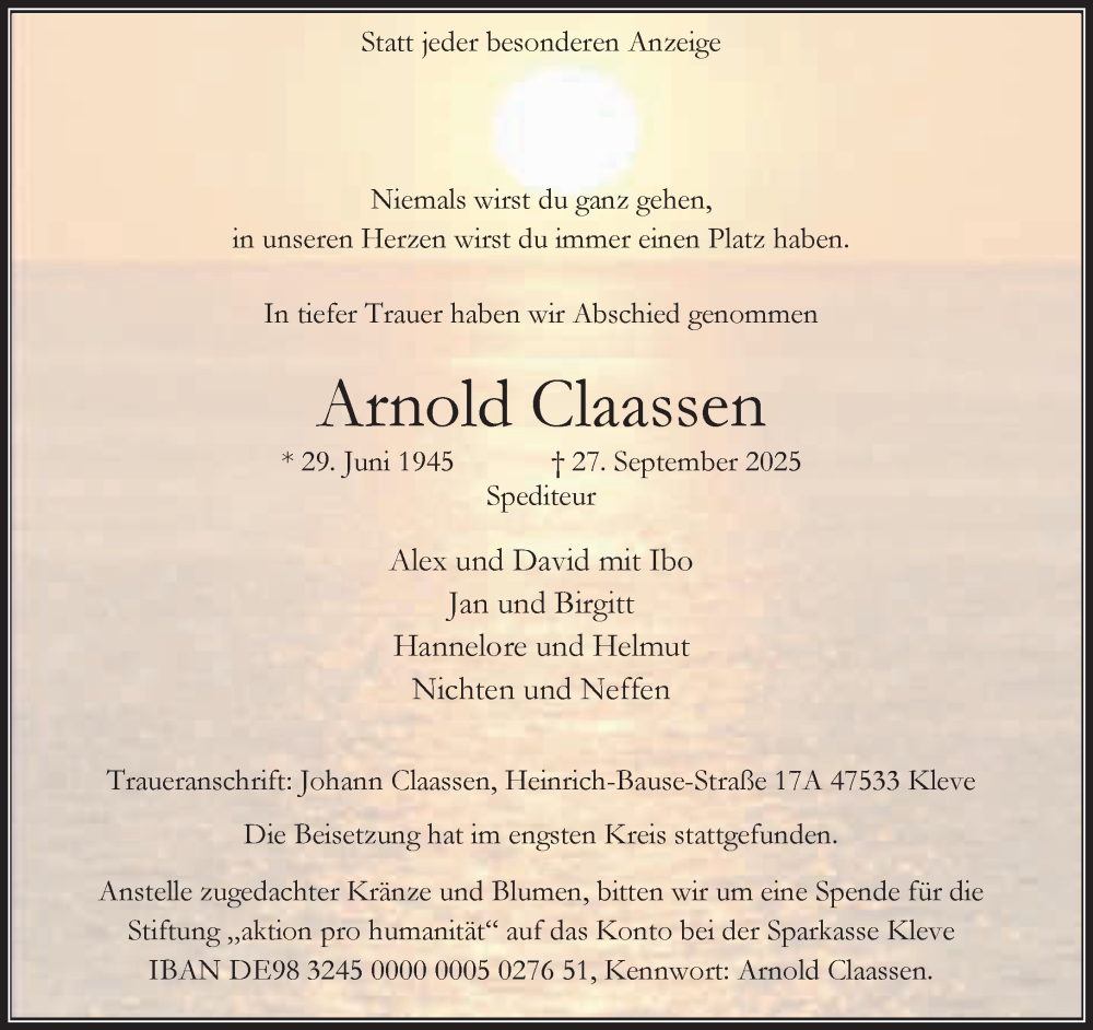  Traueranzeige für Arnold Claassen vom 04.10.2025 aus NNA