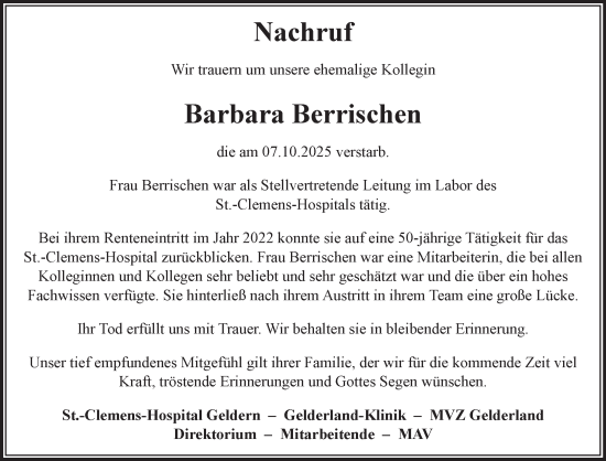Traueranzeige von Barbara Berrischen von NNA