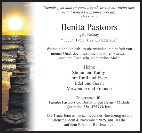 Traueranzeige von Benita Pastoors von NNA
