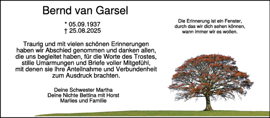 Traueranzeige von Bernd van Garsel von NNA