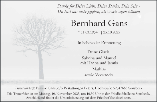 Traueranzeige von Bernhard Gans von NNA
