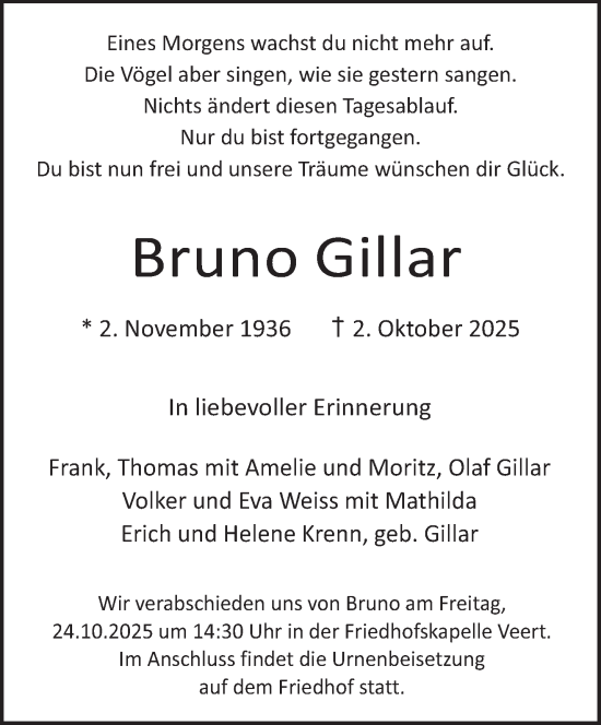 Traueranzeige von Bruno Gillar von NNA